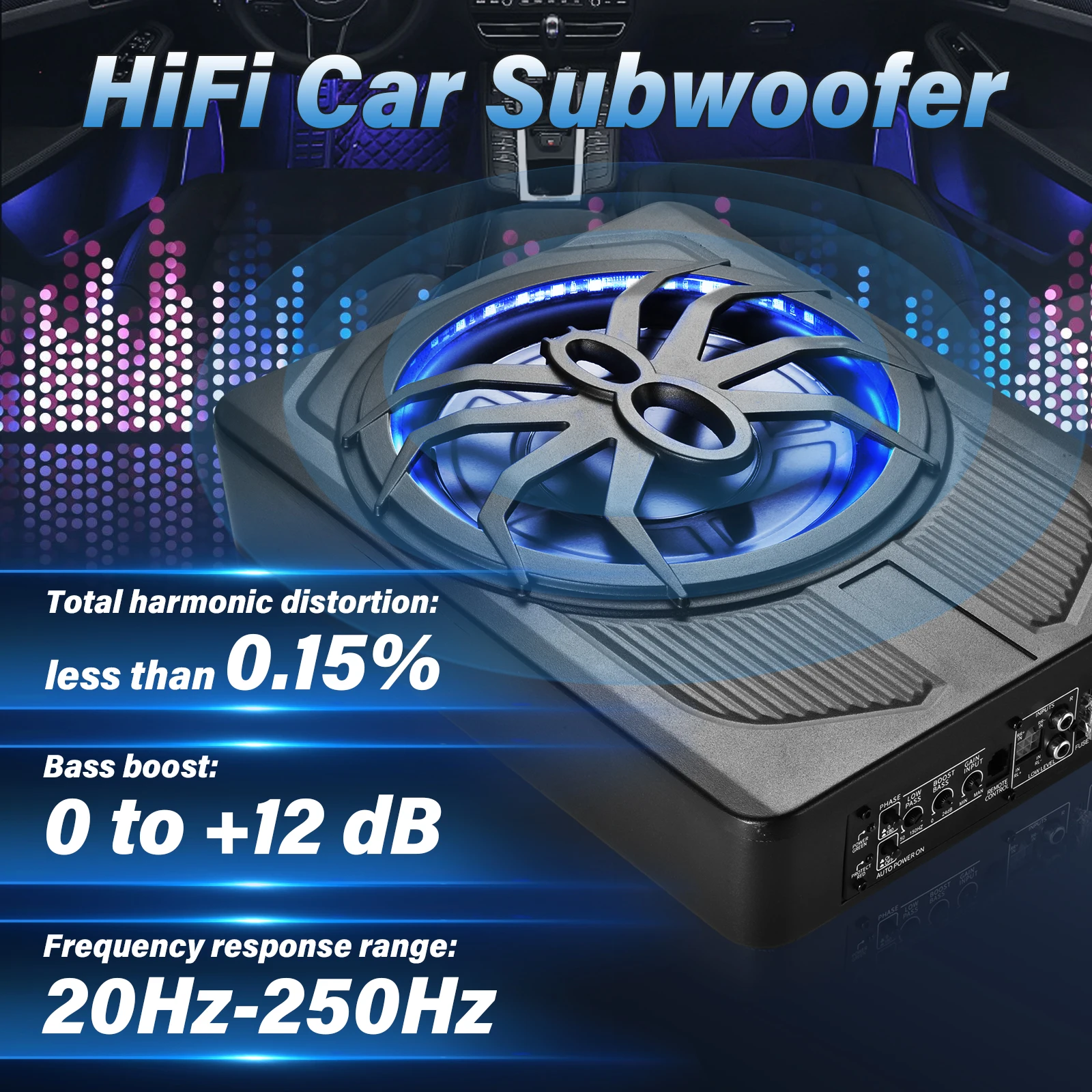10 Zoll Aktiver Untersitz-Subwoofer mit Blauer LED-Beleuchtung, Kompakter Auto-Subwoofer für LKW, SUV, Fahrzeuge mit Begrenztem Platz, Kraftvoller Bass – Detail 5