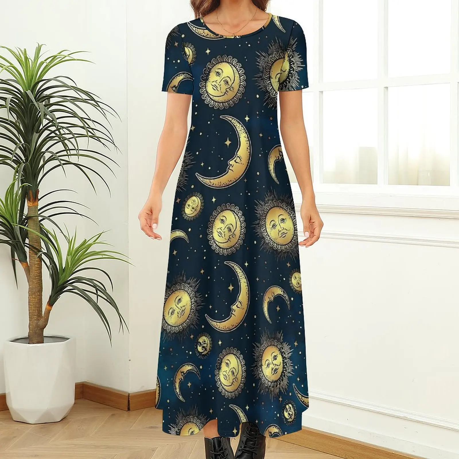 Anni '90 Celestial Sun And Moons Dress Kawaii Maxi Dress Street Style Boho Beach Abiti lunghi Donna Manica corta Abiti oversize