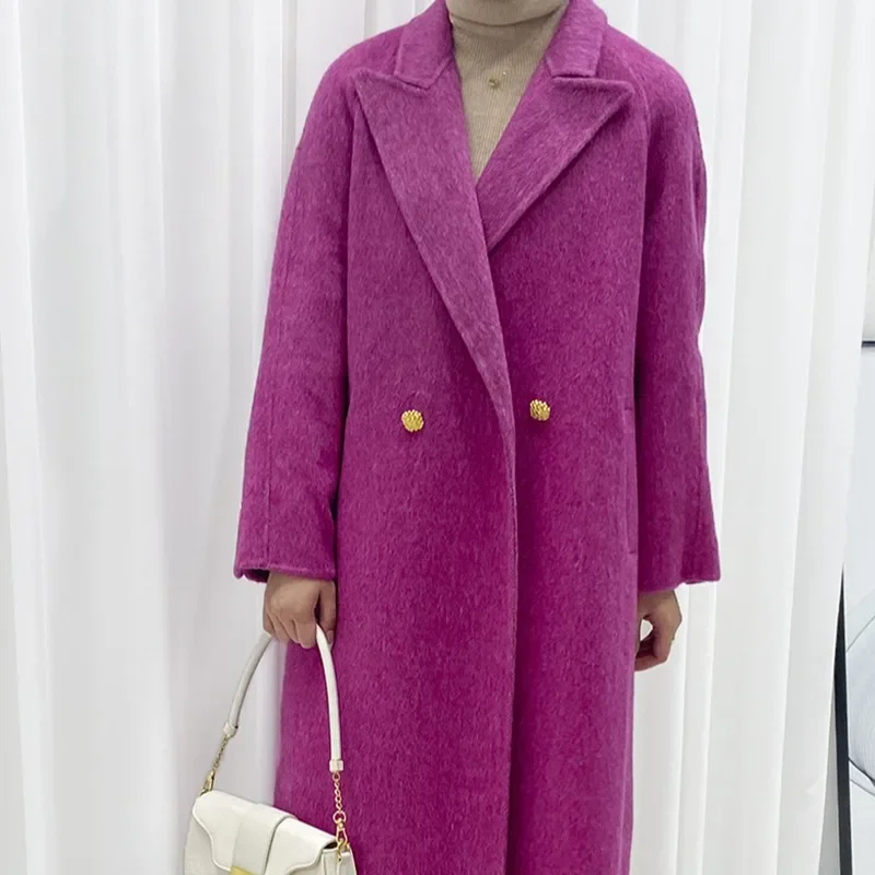 Long-haired mulberry silk wool suit collar two buttons sleeves cracked double-sided cashmere coat blue woolen coat women