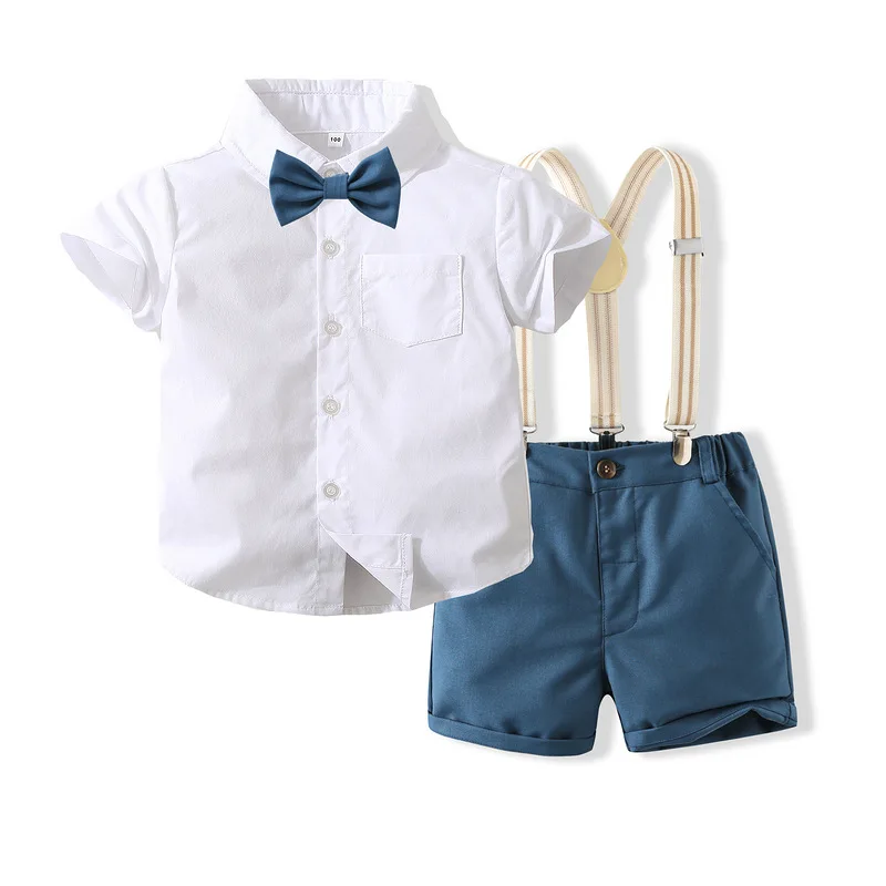 Summer children's short sleeved lapel shirt paired with solid color jacket, boy gentleman wedding dress, cotton children's set