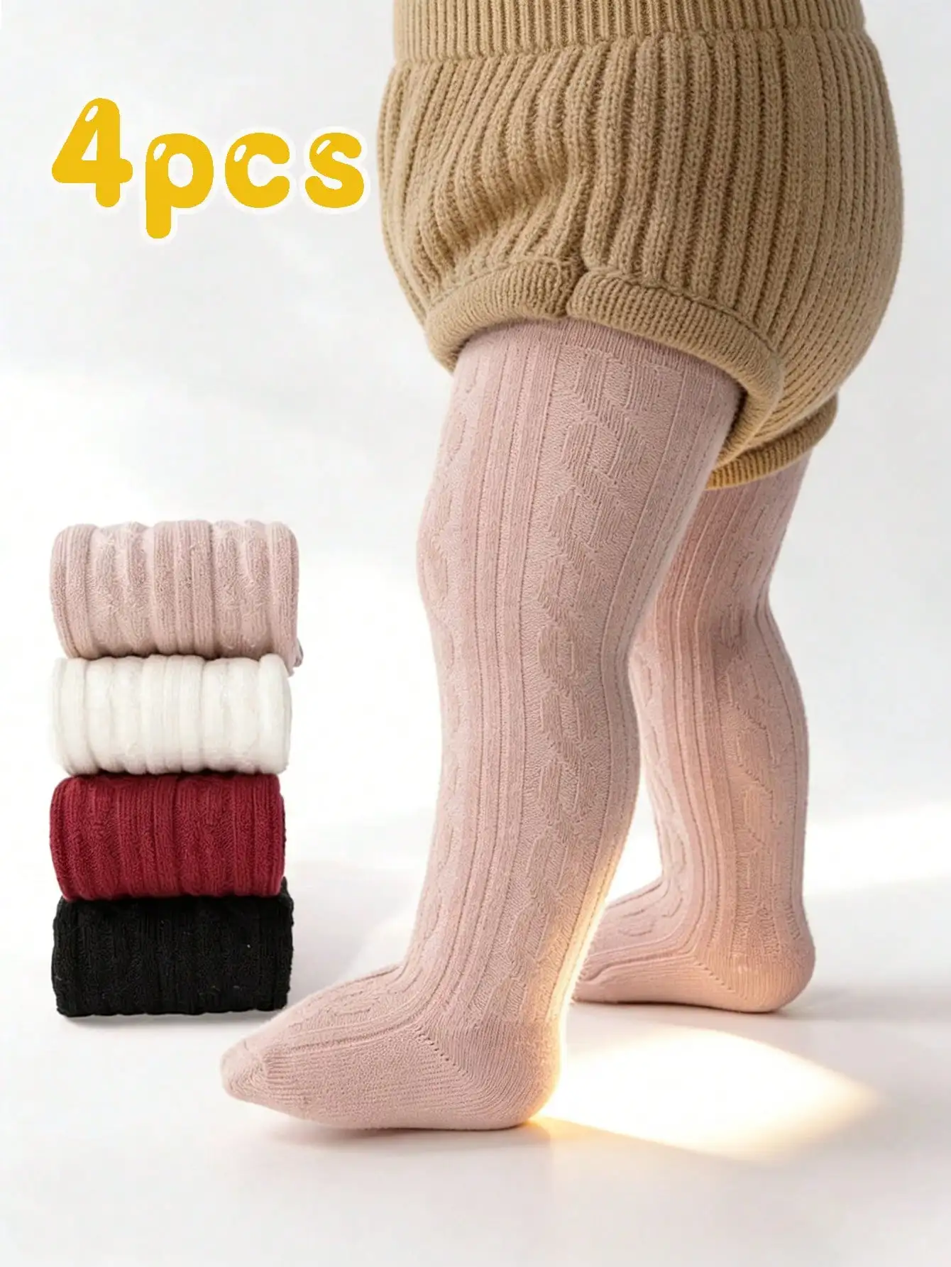 4 Stück Strickstrumpfhosen für Babys und Mädchen, weich, elastisch, atmungsaktiv, einfarbig, Herbst, lässig, Alltagsstrümpfe für Kleinkinder von 0–3 Jahren