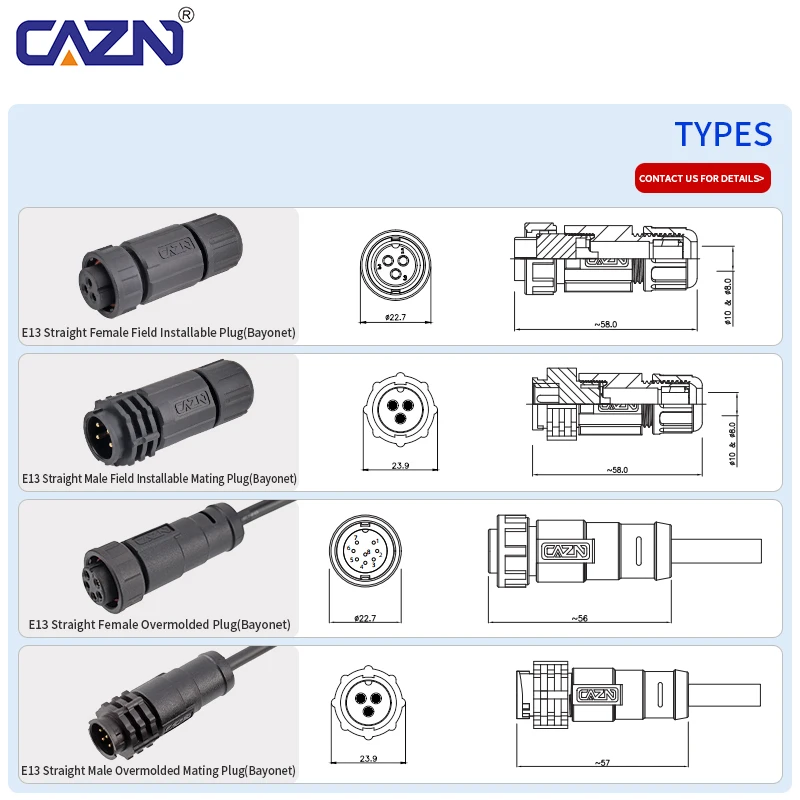 E13 Bayonet Assembly Plug Quick Lock Straight Mating 2-18 Pin Male Female Waterproof for Outdoor Power Cable