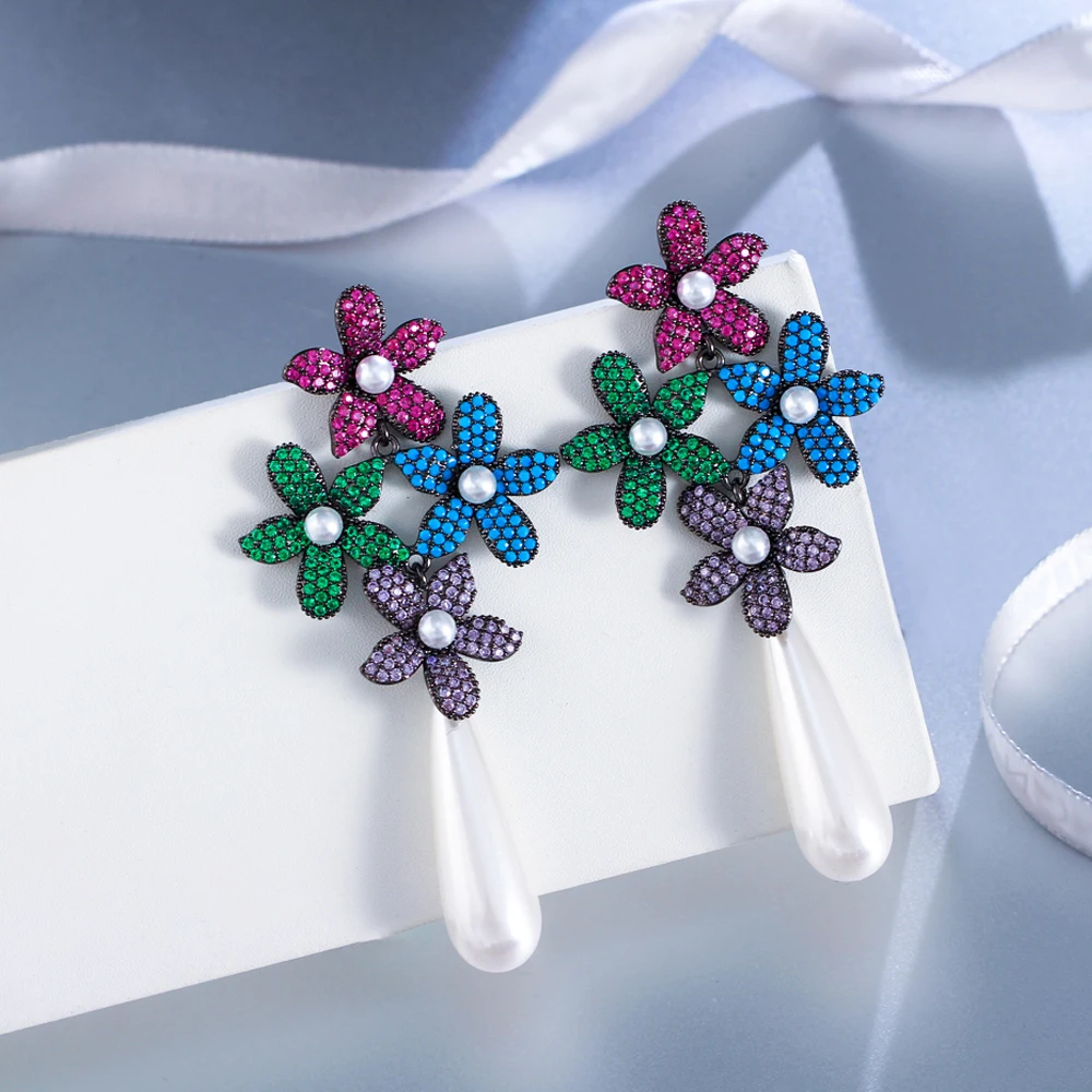 ThreeGraces Luxury Colorful Zircon Simulated Pearl Long Flower Bridal Wedding Earrings for Women Elegant Party Jewelry E1920 image 2