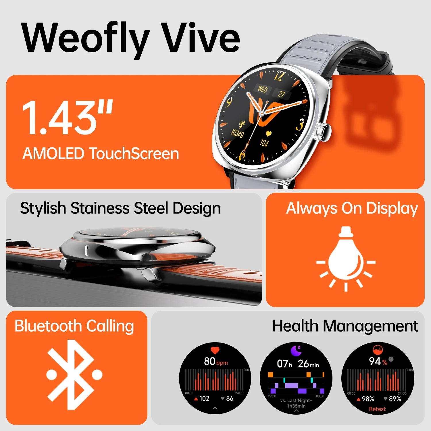 Weofly VIVE Smart Watch AMOLED Heart Rate Tracker Men Smartwatch Stainless Steels Wearable Watches BT Call AOD Electronic Watch