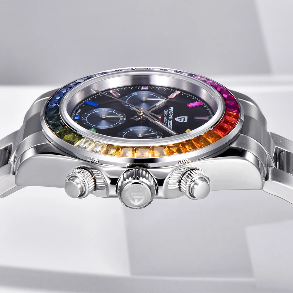 Neue PAGANI DESIGN 1664A Rainbow Lünette Herren Quarz Edelstahl 100M wasserdichte Herrenuhr VK63 Saphir Chronograph