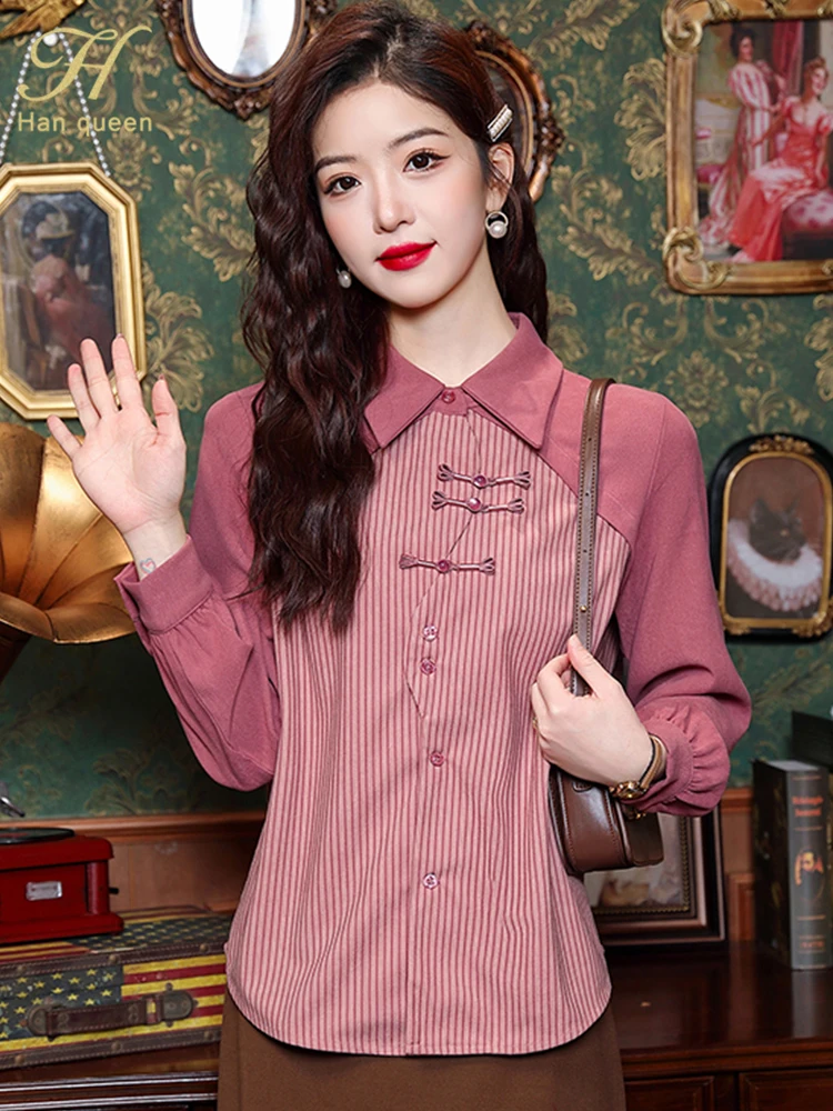 H Han Queen Spring New Blouses Color Blocking Stripes Vintage Clothing Simple Chiffon Blouse Women Casual Shirts Long Sleeve Top