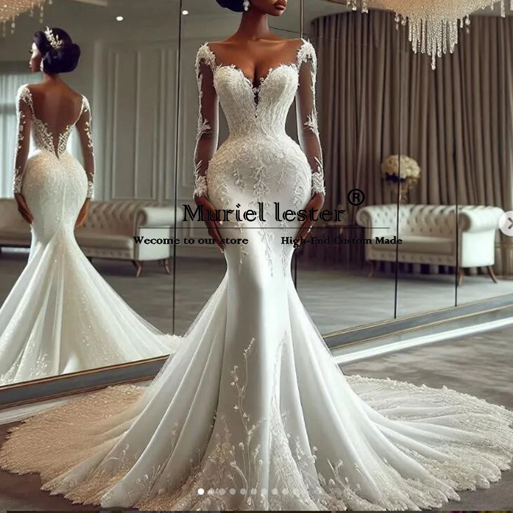 

Romantic Backless Lace Appliqued Mermaid Wedding Dresses Customized Long Sleeves Sweetheart Bride Marriage Gown vestido de noiva