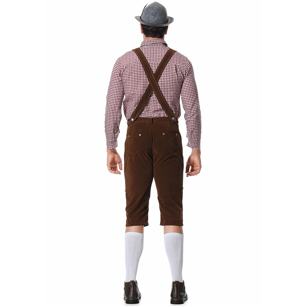 Herren Bayerisches Oktoberfest Lederhosen Kostüm Deutsches Bierfest Hosenträger Strampler Hemd Hut Set Halloween Cosplay Kostüme – Detail 9
