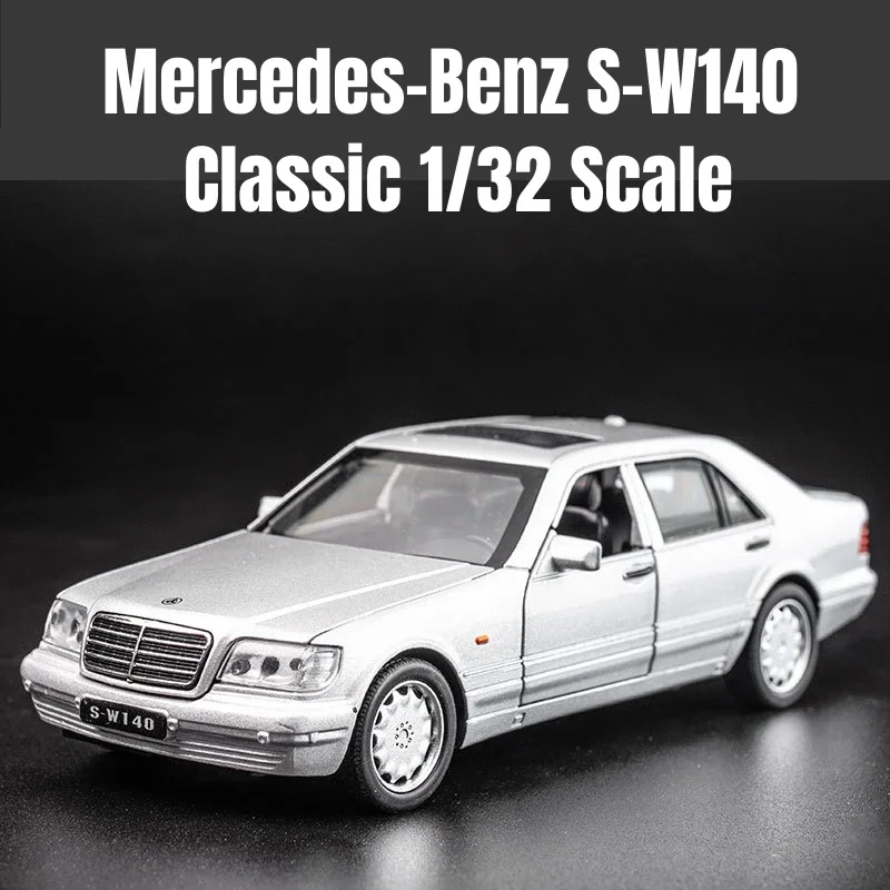 Modelo clássico de carro de brinquedo Mercedes-Benz W140, miniatura diecast liga leve e som, puxado para trás, presente para menino, 1:32