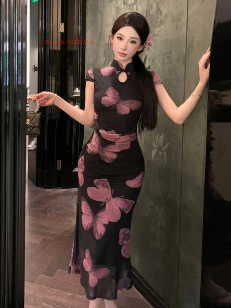 

2025 китайское улучшенное сексуальное платье Ципао Cheongsam, национальное сетчатое Ципао с принтом бабочки, традиционное вечернее платье для ночного клуба Ципао