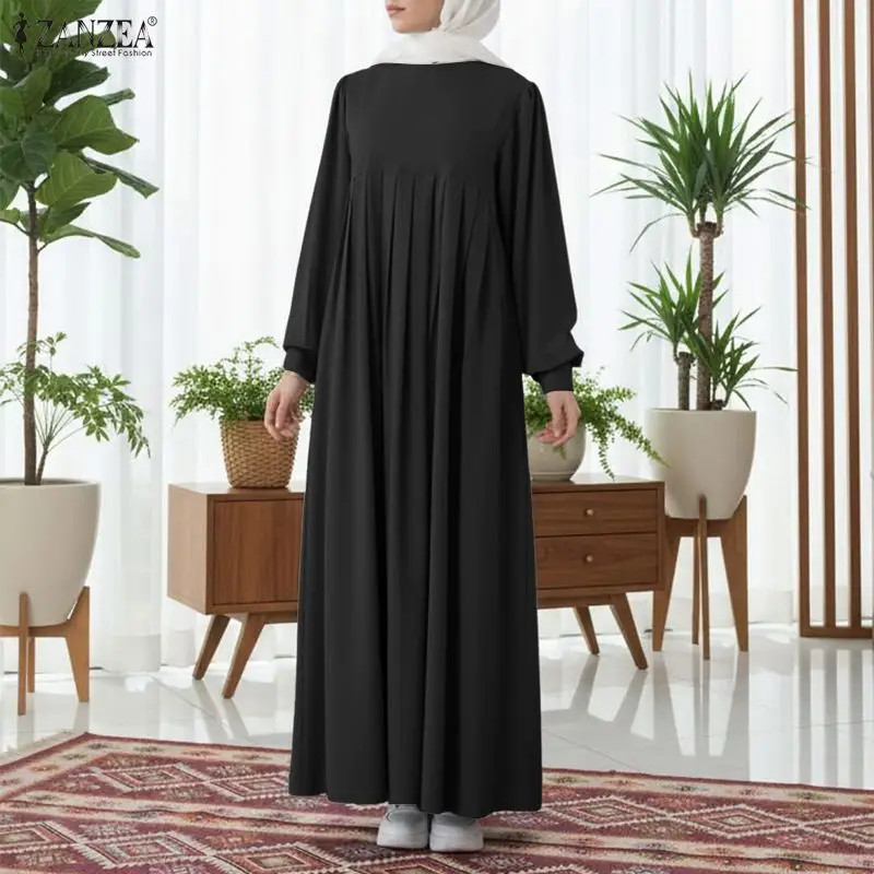 ZANZEA Ramadan Muslimisches Abaya-Kleid für Damen, elegantes, plissiertes langes Kleid, modisch, O-Ausschnitt, lange Ärmel, einfarbig, lockeres Sommerkleid, Robe Femme