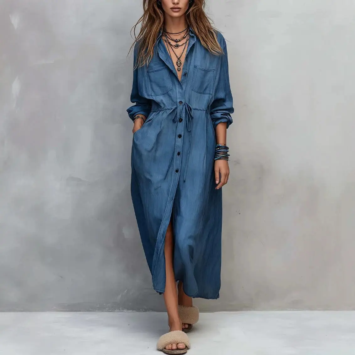 New Autumn Long Dress Long Sleeve Shirt Dress Women Faux Denim Pocket Button Drawstring Waist Split Dress Casual Loose Dresses