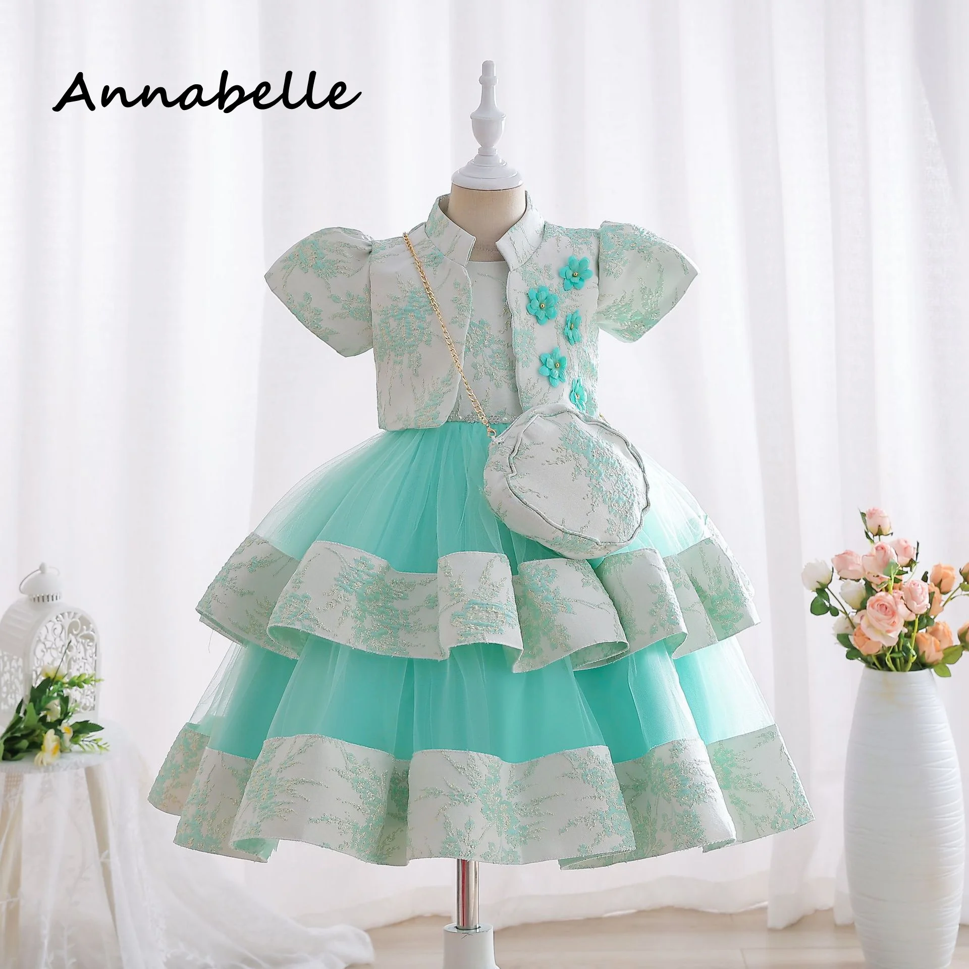 Annabelle Flower Baby Girl Bow Dress For Wedding Party Dresses Kids Bridesmaid Children Puffy Baby Clothes Princess vestidos