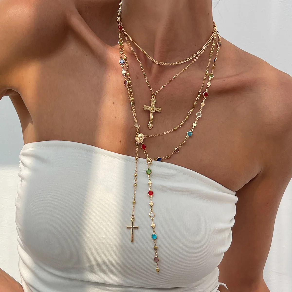 4pcs/set Cross Pendant Necklace Set for Women Simple Crystal Necklace Sweater Chain Long Y-shaped Necklace Y2K Party Jewelry