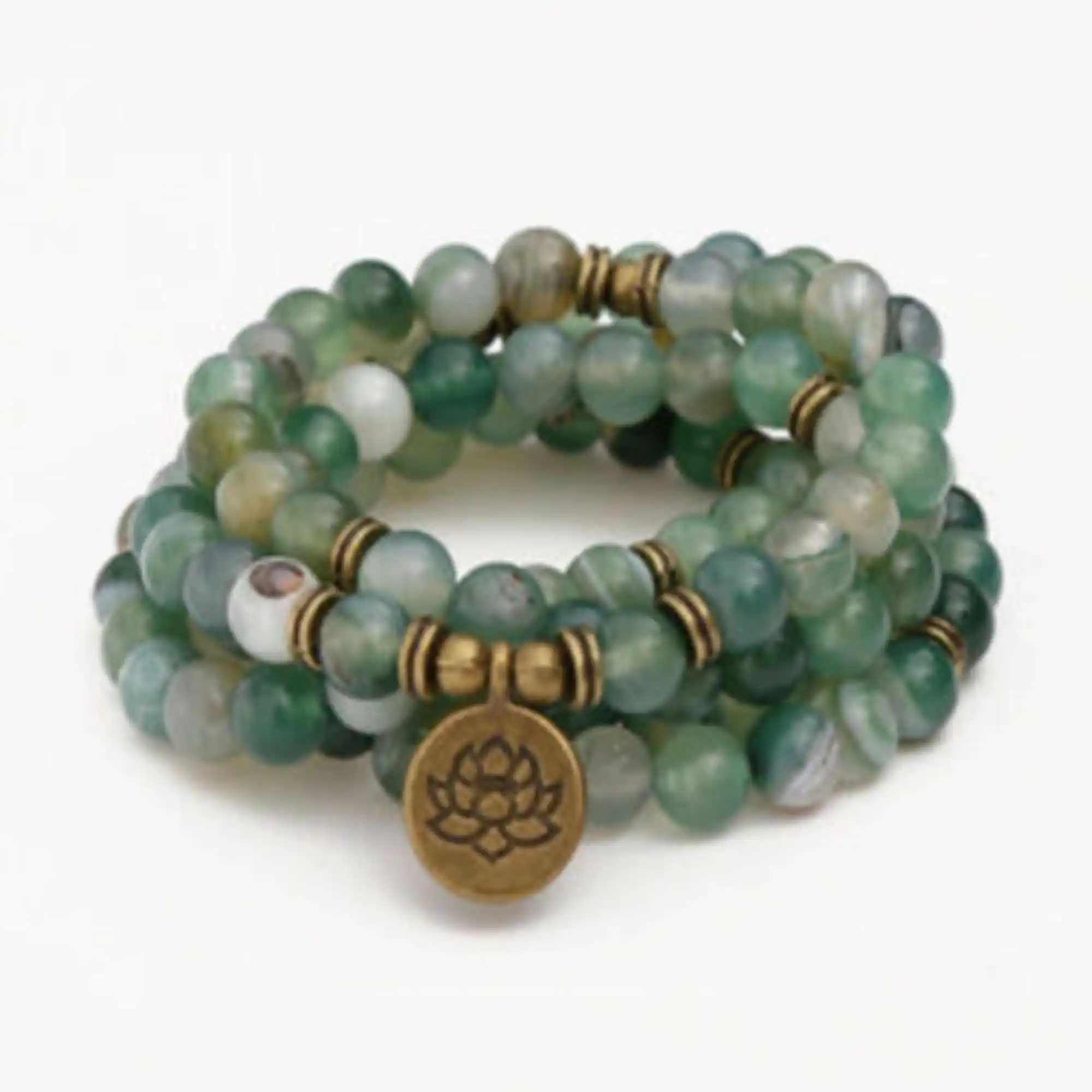 

6mm Green Agate Bracelet 108 Beads Lotus Pendant Wristband Cuff Trendy Jewelry Lovers Semi-Precious Stones Contemporary