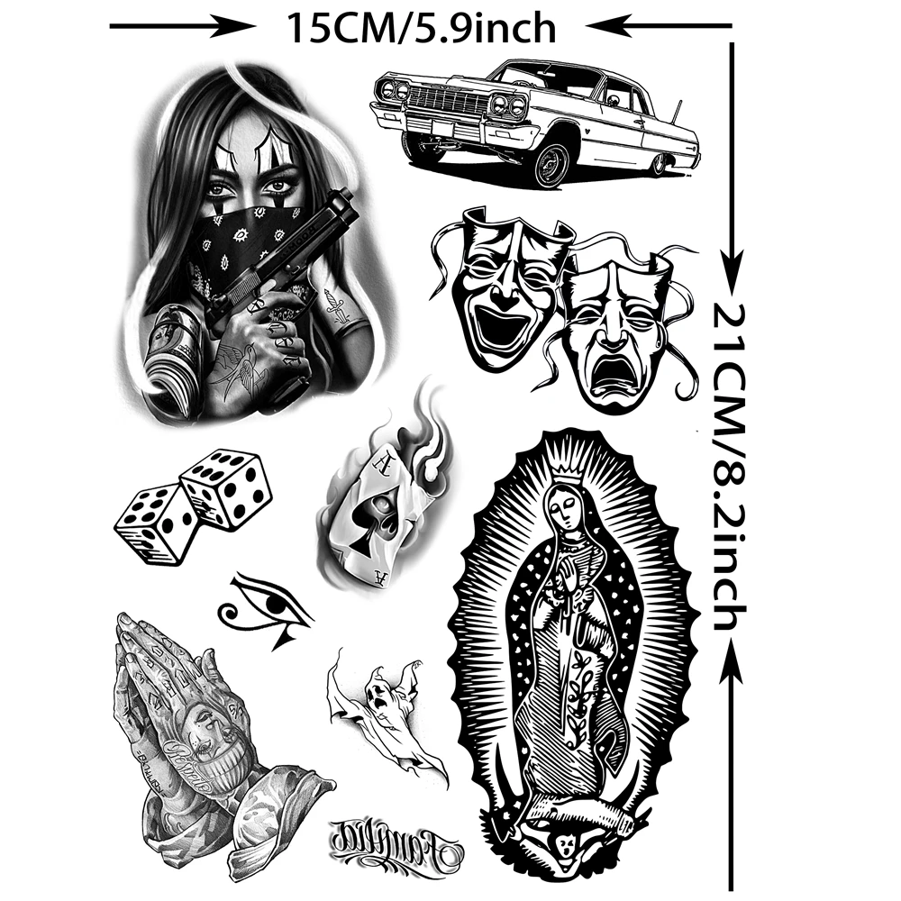 

6 Sheets Chicano Temporary Tattoos For Men Women Adult, Chicana Guadalupe Gangster Fake Tattoos Halloween Day of the Dead Mexico