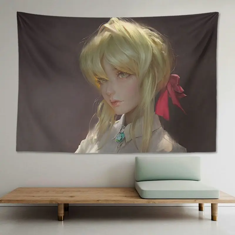 VIKAMA Violet Evergarden Anime Girl Tapestry Beautiful Art Kawaii Aesthetic Wall Hanging for Bedroom Dorm Otaku Room Home Decor
