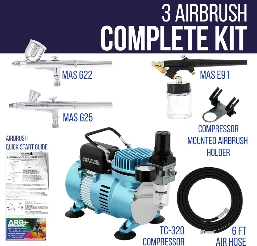 Master Airbrush Dual Fan Air Compressor Airbrushing System Kit with 3 Airbrush Sets, 0.2, 0.3 mm Gravity & 0.8 mm Siphon Feed