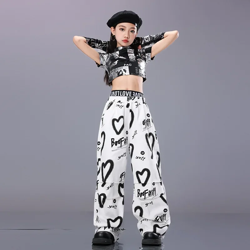 Teens Stage Clothes Sets Hip Hop Kids Cool Crop Top Street Dance Love Pants Girls Streetwear Children Jazz Cheerleader Costumes