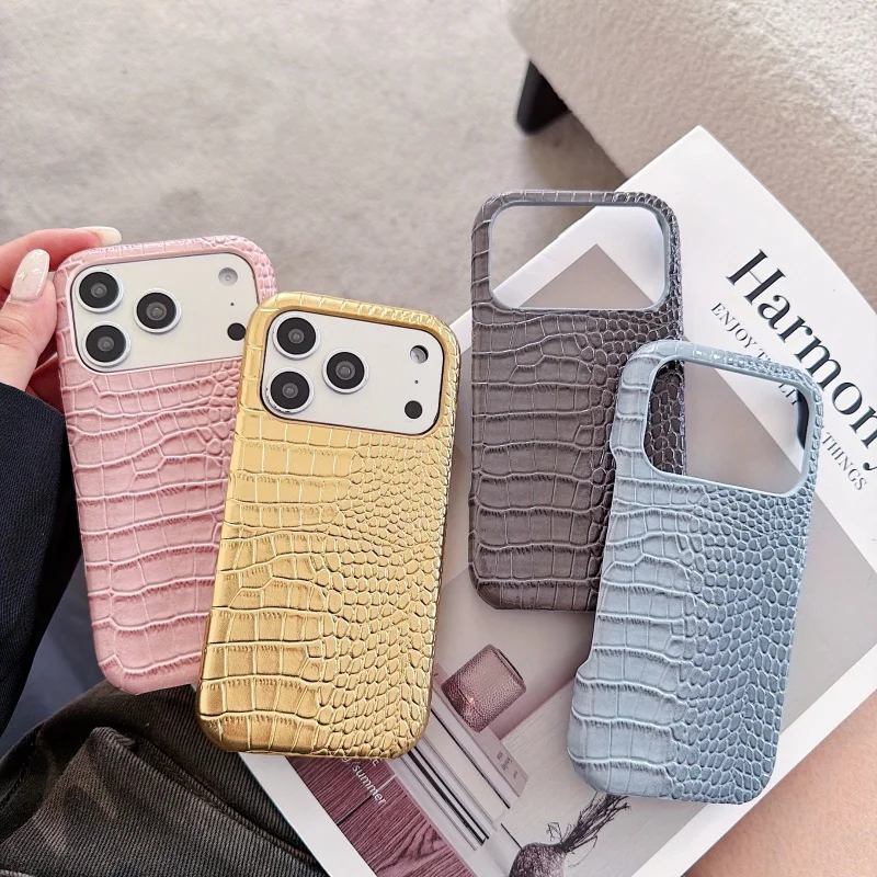 

2026 Luxury High quality PU leather Crocodile Golden Leather Phone Case for iPhone 11 12 13 14 15 16 17 Pro Max Glossy Cover﻿