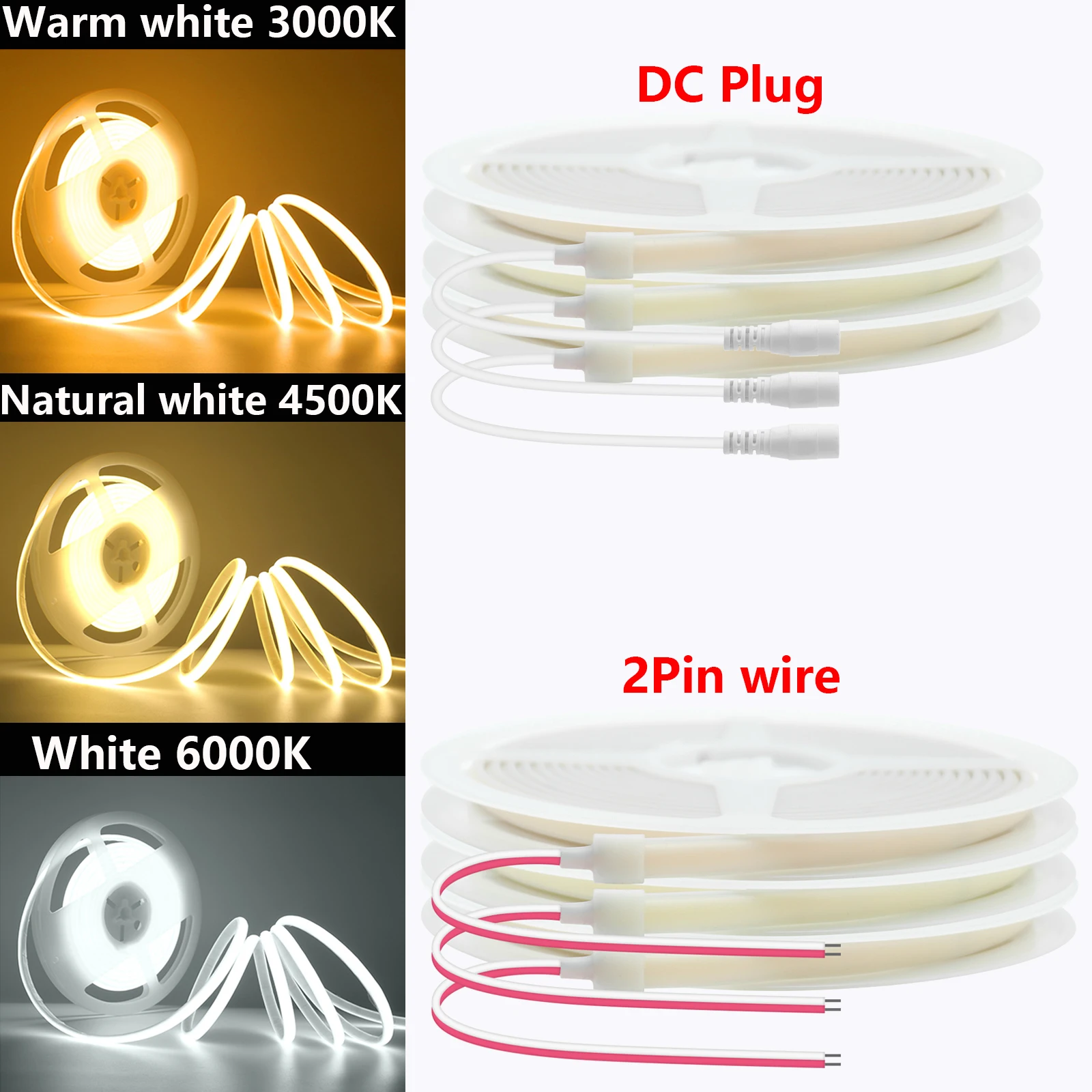 12V 24V COB LED Tape Flexible DC Plug/2Pin Wire Strip Light Hight Bright 320LEDs/m 3000K 4000K 6000K IP67 Waterproof Home Decor