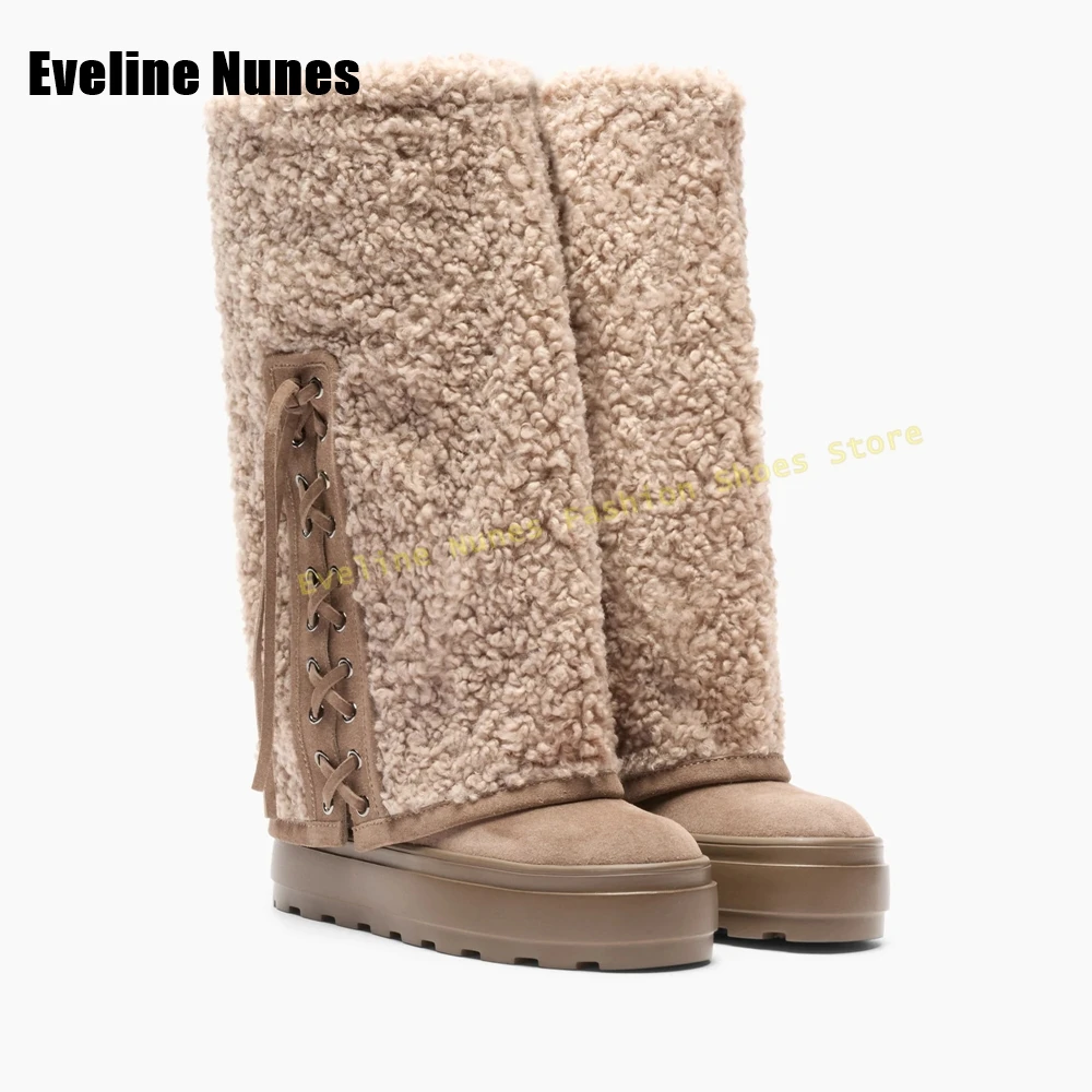 عبر تعادل الفراء كم الأحذية جولة تو حذاء بكعب سميك منصة سحب على المرقعة النساء الشتاء حذاء برقبة للركبة الثلوج موضة أحدث #1