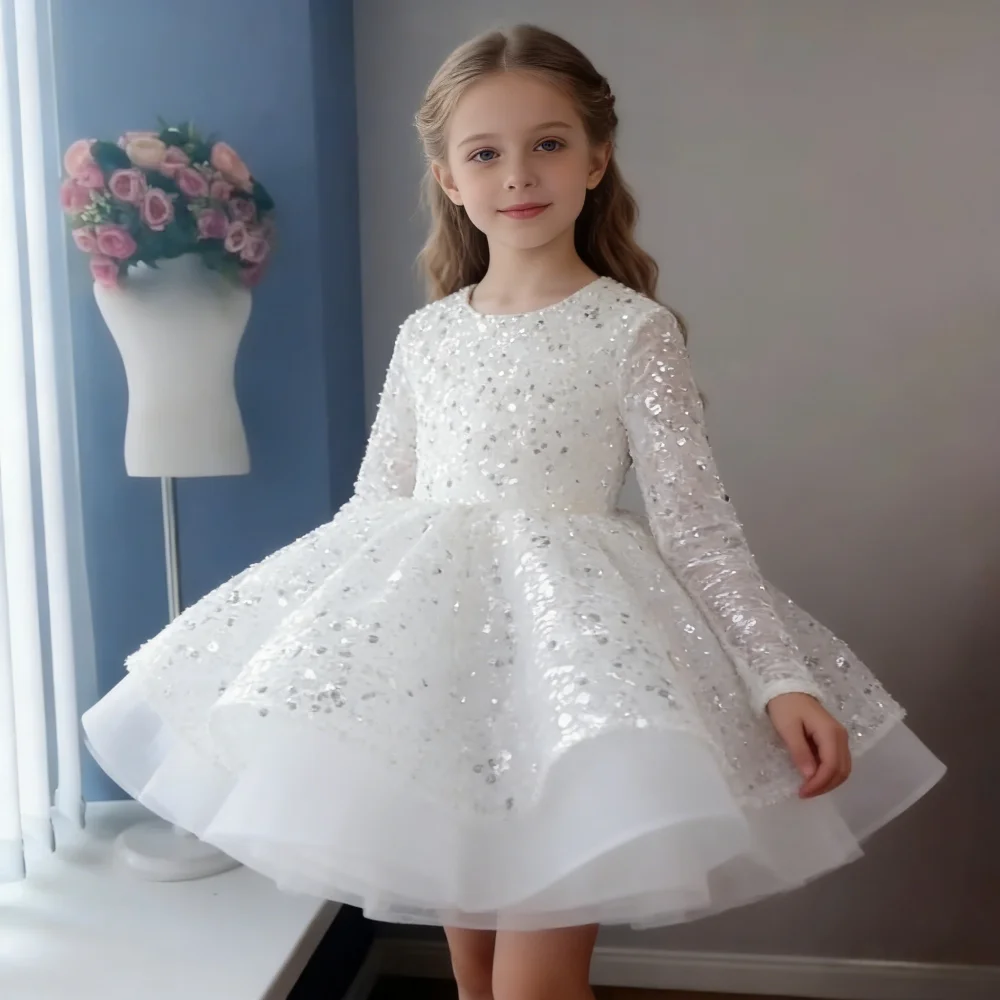 Robe de princesse pour filles, tenue de cérémonie, robe blanche à sequins pour anniversaire, tutu po