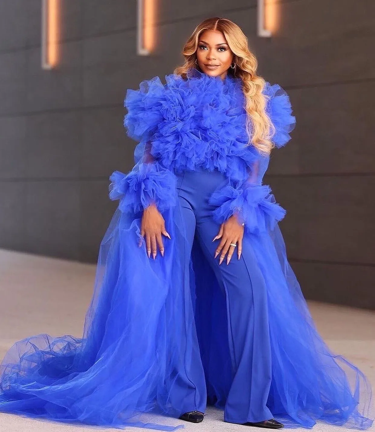 Stylished Royale Blue 2 Pieces Women Sets Ruffles Trimmed Tulle Blouse And Loose Stretchy Pant Formal Maxi Gowns