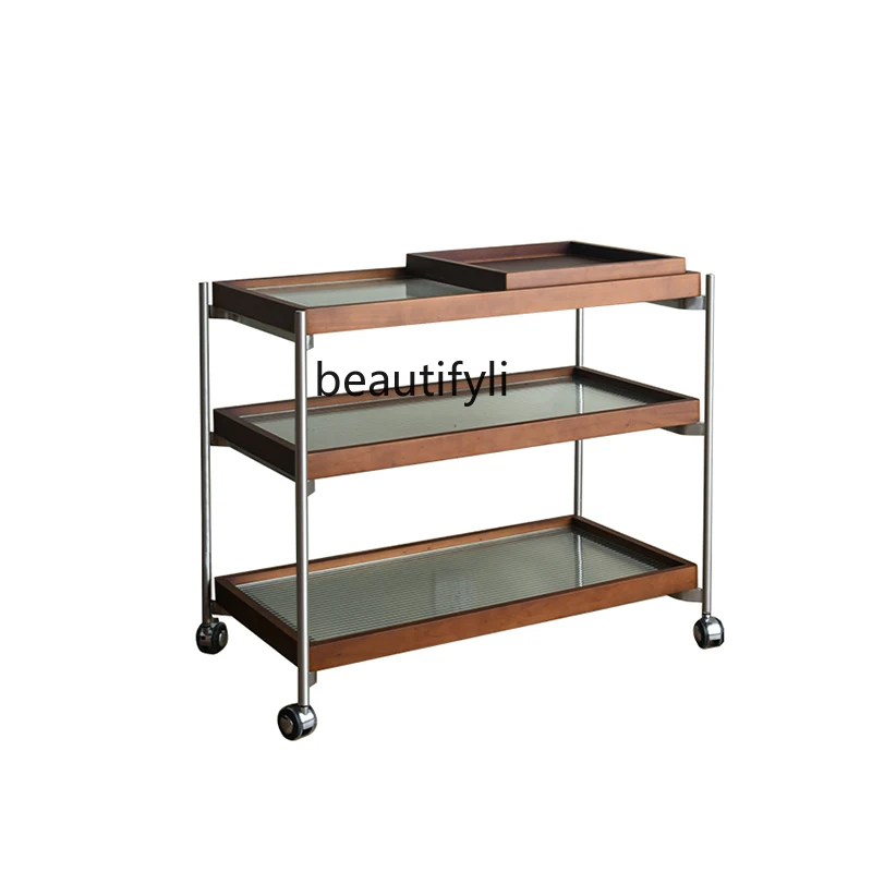 Retro Trolley Storage Rack Living Room Sofa Glass Mobile Side Table Middle-Ancient Stainless Steel Multi-Layer Small Dining Car