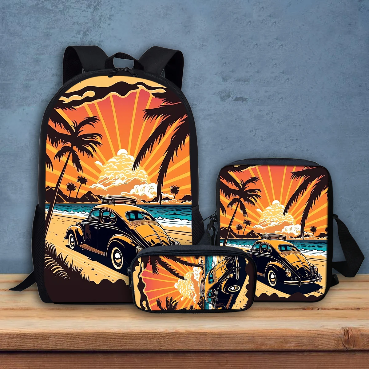 Hawaii Palm Tree Car Print Backpack Student Back To School Large Capacity Casual Book Bag Holiday Lunchbag Pencil Case 3Pcs/Set