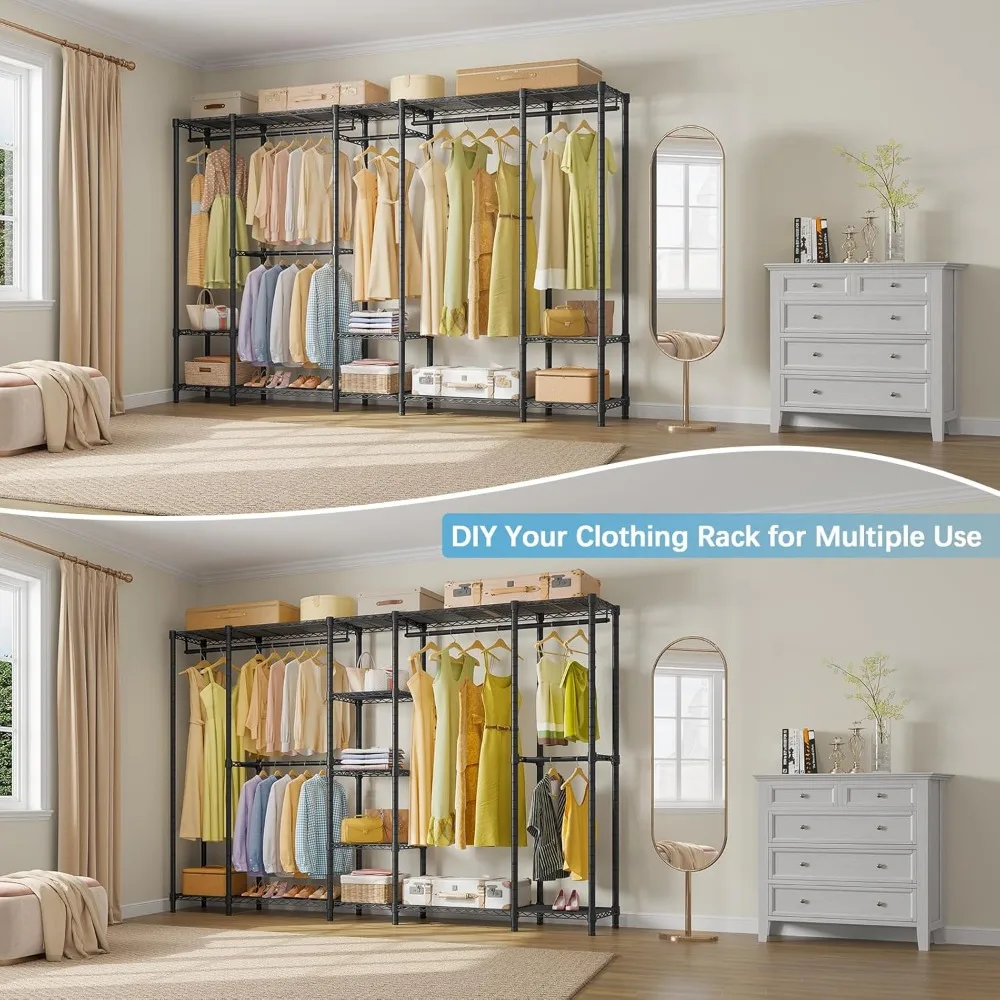 V50C Extra Large Coverd Clothes Rack, Black Portable Closet Rack with Grey Cover, Multi-Functional Freestanding Wardrobe Closet