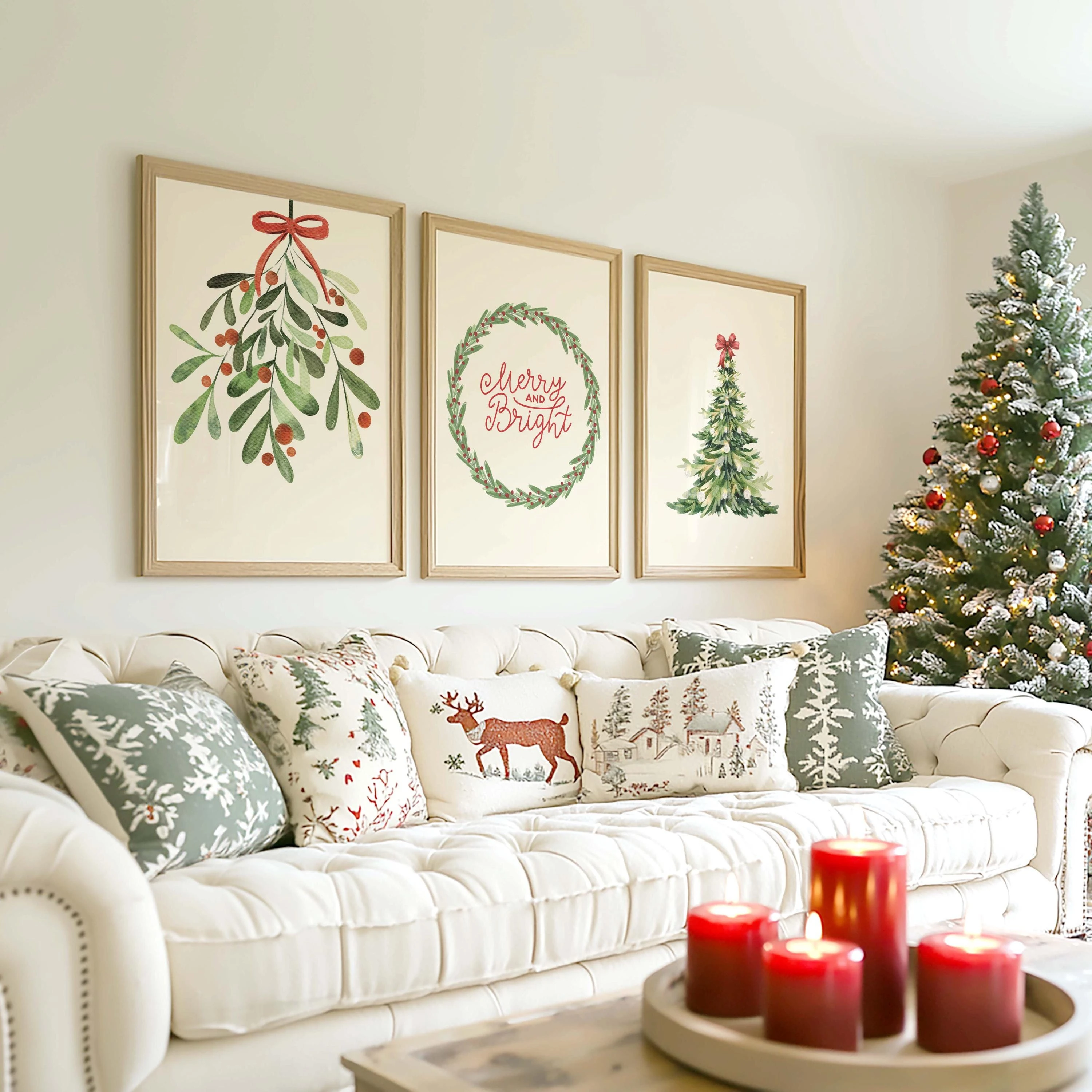 Merry and Bright Christmas Prints Set of 3 Holiday Wall Art Red Green Festive Printable Posters Retro Christmas Printables Gift