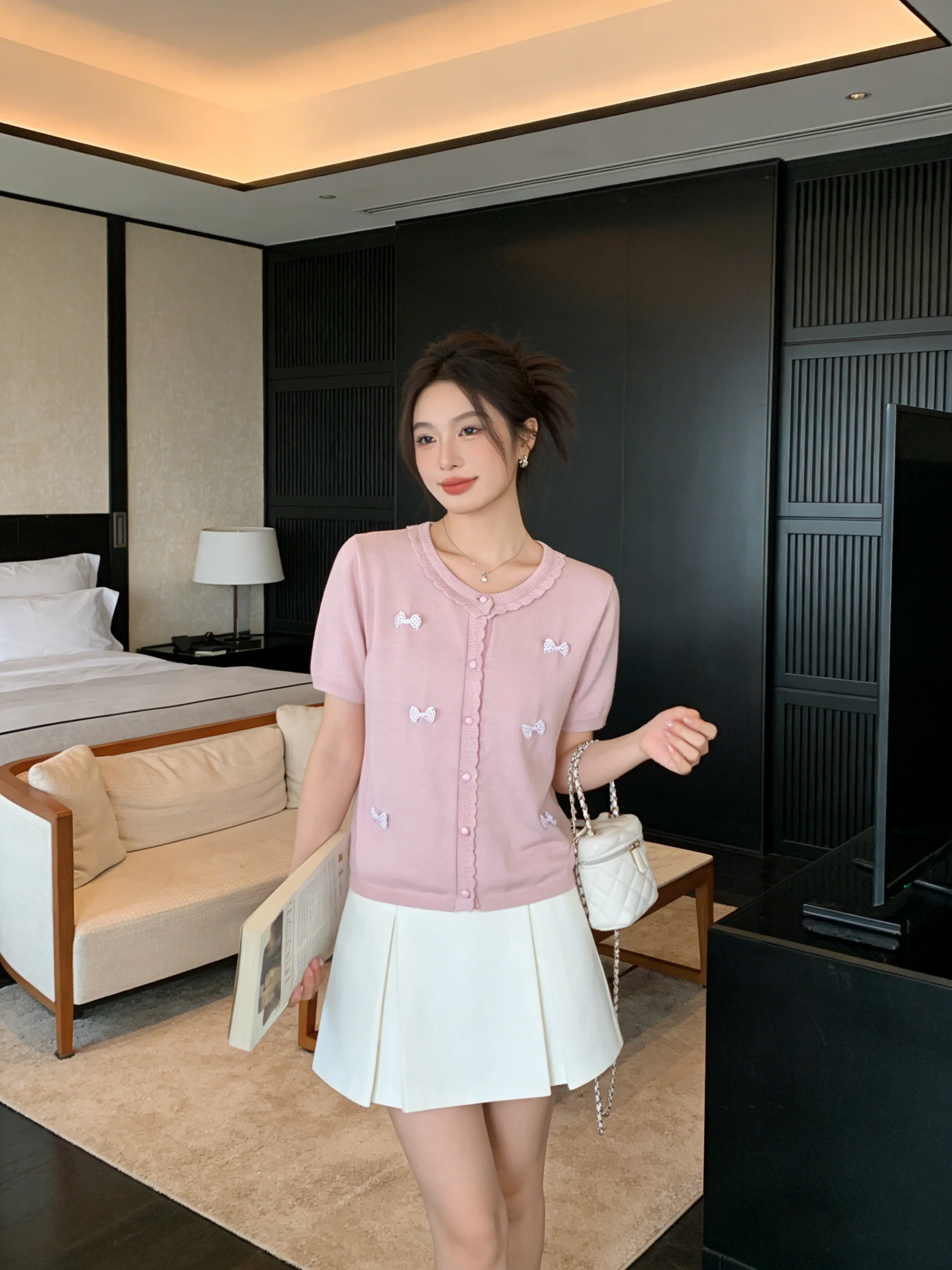 

Sweet Youthful Design 3D Knot ort Sve Knitted Top Slimming Korean Sle Gentle Early Spring Women's Faion