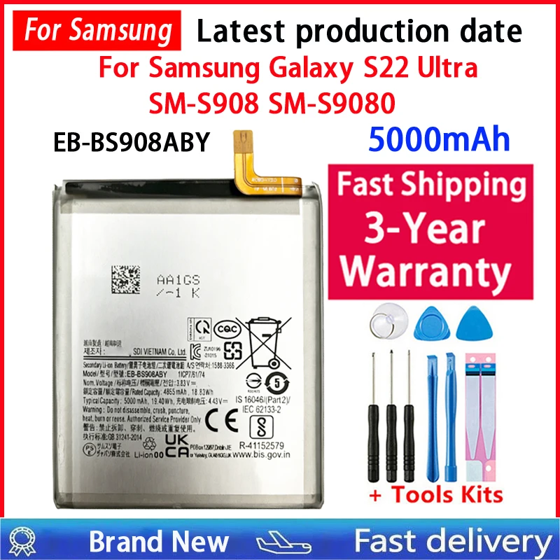 Neuer EB-BS908ABY Akku 5000 mAh für Samsung Galaxy S22 Ultra S22Ultra SM-S908 SM-S9080 Mobiltelefon + kostenlose Werkzeuge