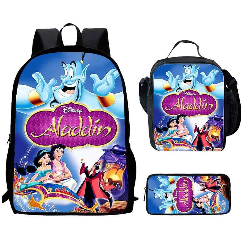 Cartoon Aladdin Printed Child School Backpack With Lunch Bag Pencil Bag For Kindergarten,Light Weight Schoolbags For Boys Girls