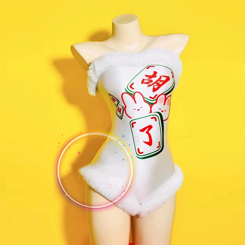 

Mahjong Rabbit Headwear Sexy Plush Bodysuit Nightclub Bar Dancer Performance Clothes Party Outfit Pole Dance Costume