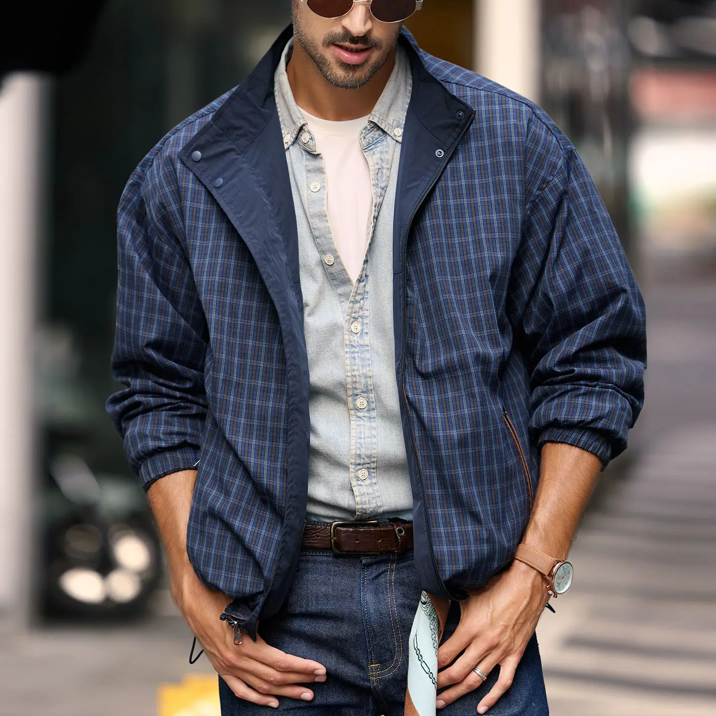Reversible Jacket for Men, Lightweight Spring and Autumn New Style, Stand-Up Collar, Plaid, Loose Fit, Windproof, Sporty, American Casual Jacket