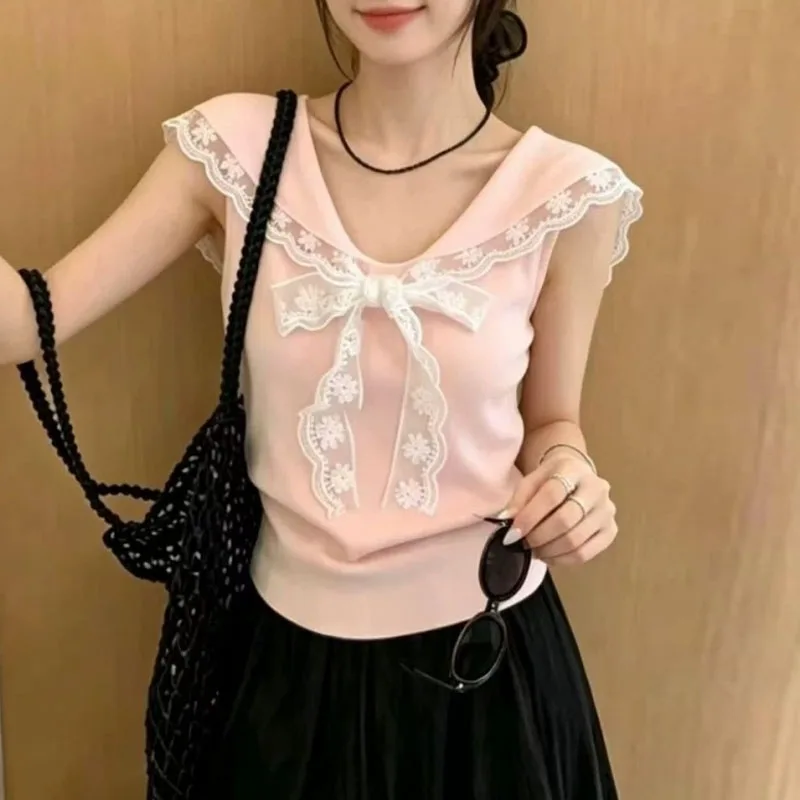 

Knitted Sweater Women Pullovers New Summer Short Sleeve Sailor Collar Bow Knit Sweater Pullover Women Tops Sueter Feminino Q4376