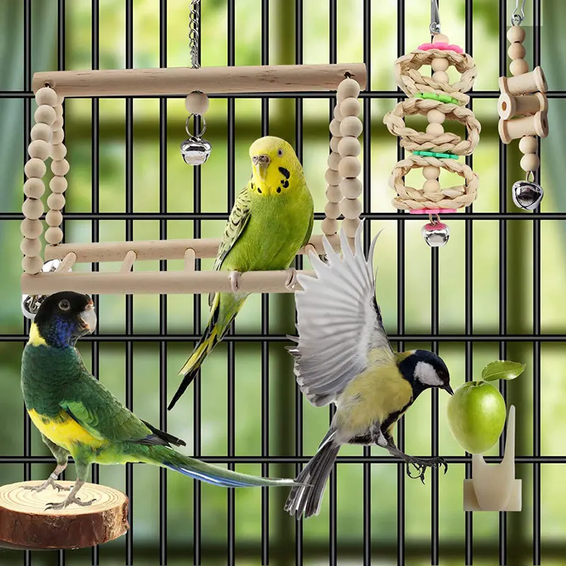 13PCS Set Combination Parrot Bird Toys Wood Articles Bite Pet Bird Toys For Parrot Training Bird Toy Swing Ball Bell Standi