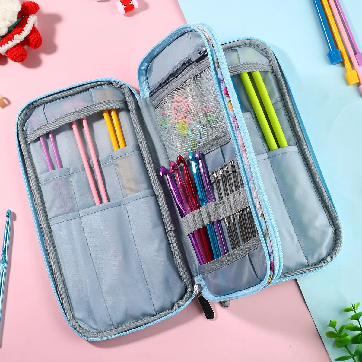 Double Layer Knitting Needle Organizer Bag Multi Pocket Zipper Pouch for Crochet Hooks Circular Needles and Small Tools Water