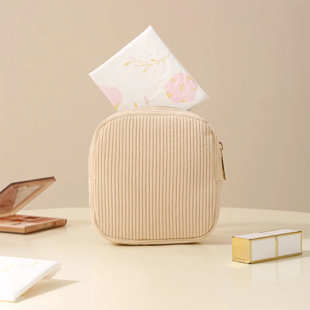 Girls Menstrual Pad Storage Bag Corduroy Large Capacity Portable Travel Pouch for Sanitary Napkins