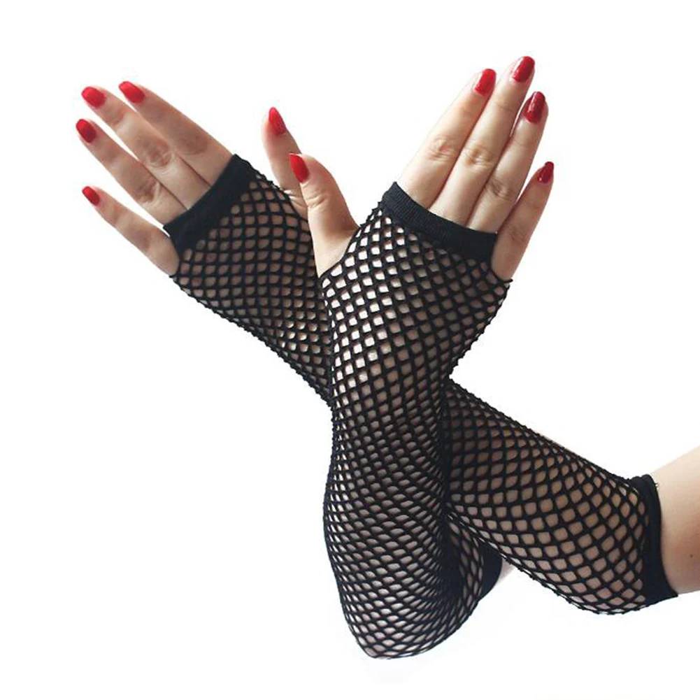 Lace Mesh Fishnet Gloves Ladies Sexy Dance Costume Party Fingerless Long Mittens Soild Color Fashion Hollow Net Women Gloves