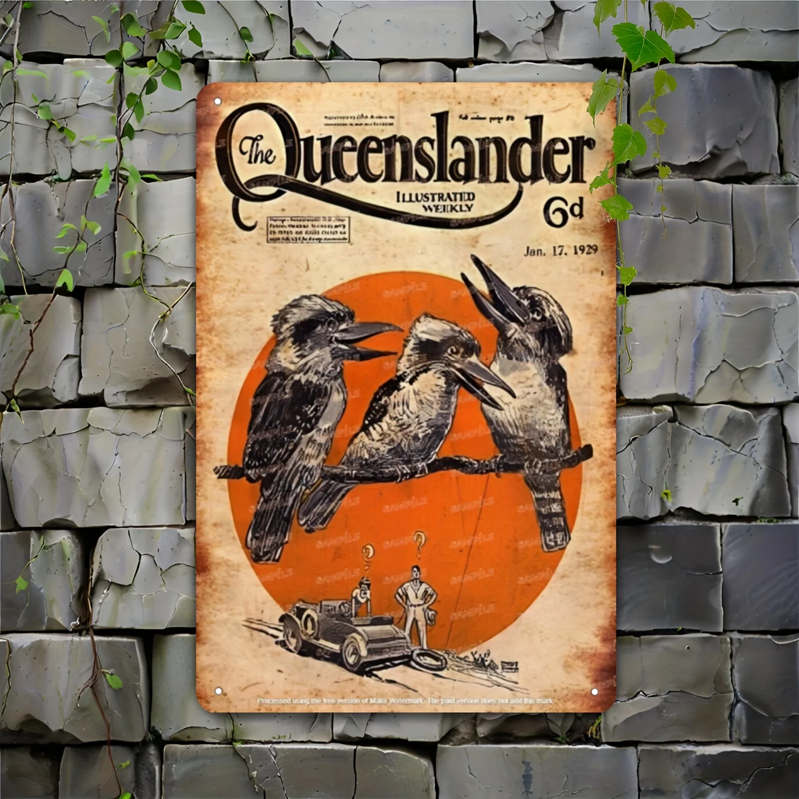 Vintage Rustic Laughing Kookaburras Metal Tin Sign - in Unframed Wall Decor with Illustration of Birds, Car, and People