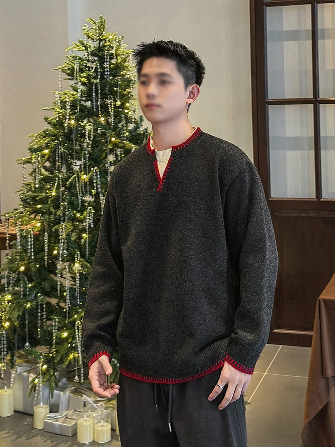 

Корейский теплый зимний вязаный свитер для пар с цветовыми блоками, длинными рукавами, V-образным вырезом, мягкий, свободного кроя, повседневный, модный