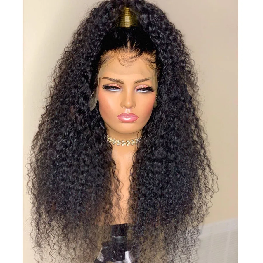Natural Black Soft 180Density 26Inch Glueless Long Kinky Curly Deep Lace Front Wig For Women With Baby Hair Preplucked Daily