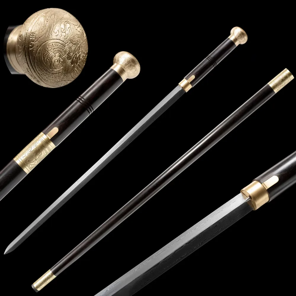 Nice Copper Brass Handle Gentleman Walking Stick Sword Jian Damascus Steel Blade Brass Fittings Ebony Scabbard Handle