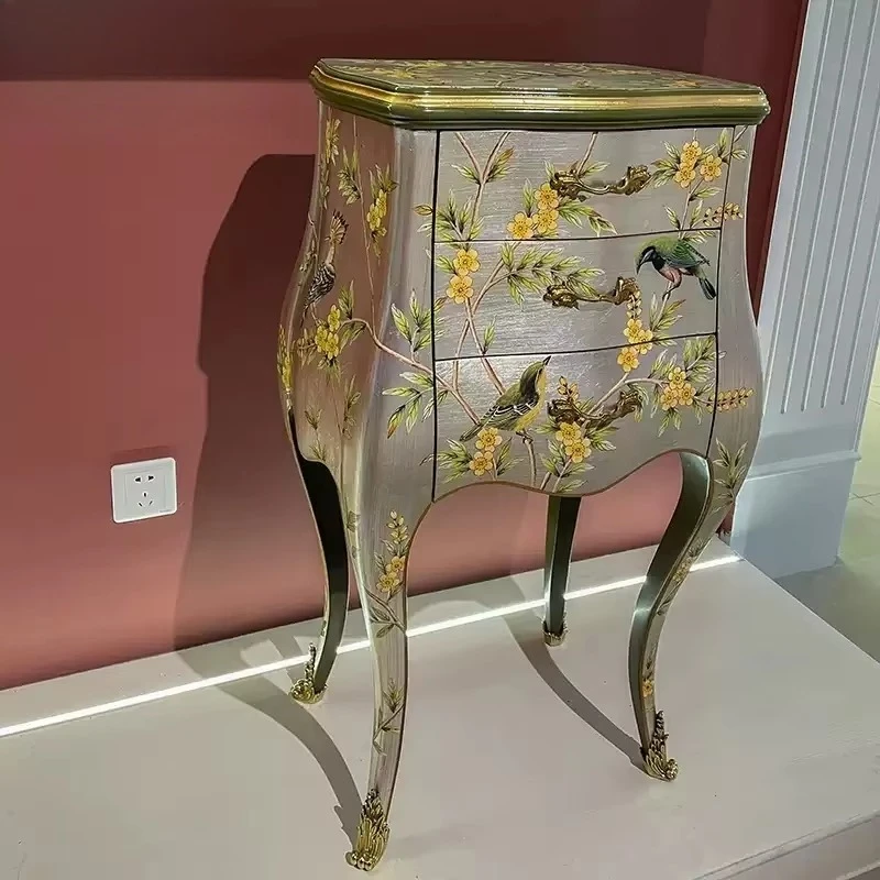 Luxury paint three drawer flower stand, palace real wood carving flower sofa side table