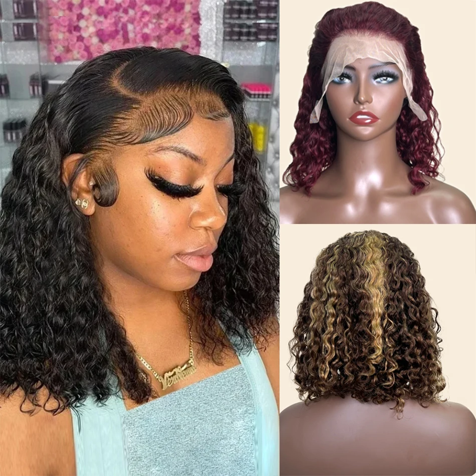 Water Wave Short Curly Bob Wigs Brazilian 13x4 Lace Frontal Human Hair Wig 99J Burgundy Lace Wig For Women 4/27 4/350 Color Hair