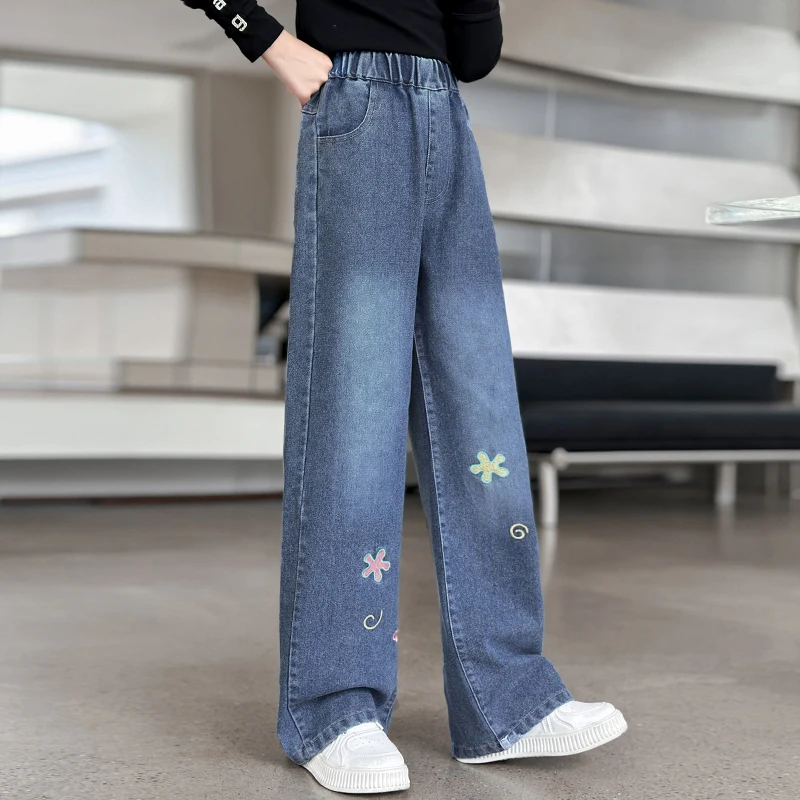 Korean Fashion Children Straight Jeans with Embroidery Flowers For Girls Casual Denim Trousers Teenager Kids Floral Jeans Pants
