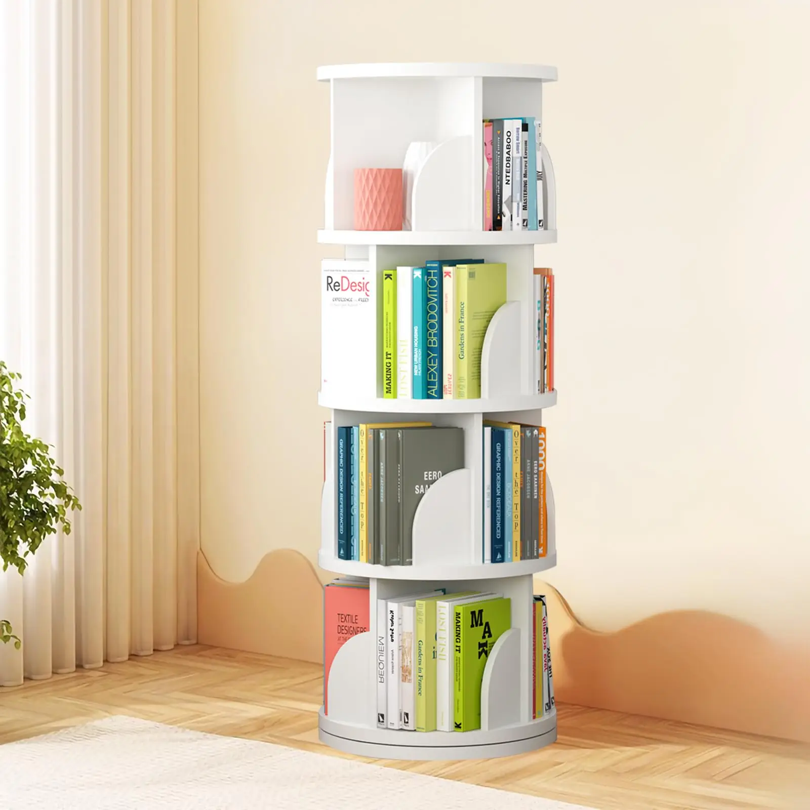 Rotating Bookshelf Tower, Spinning Bookshelf with 360° Rotation, 4 Tier Wooden Rotating Book Shelf for Kids Rooms, Living Room, Office